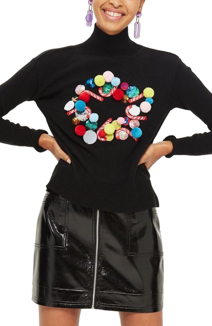 Women's Topshop Christmas Wreath Funnel Neck Sweater Us (fits Like 2-4) - Black