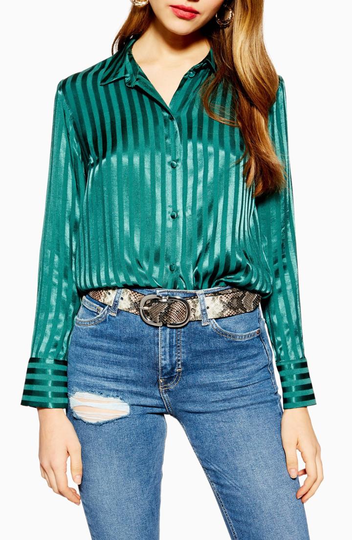 Women's Topshop Self Stripe Shirt Us (fits Like 0-2) - Black