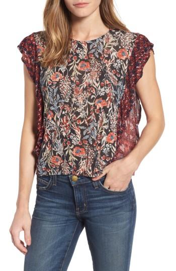 Women's Lucky Brand Mixed Print Ruffle Top - Black