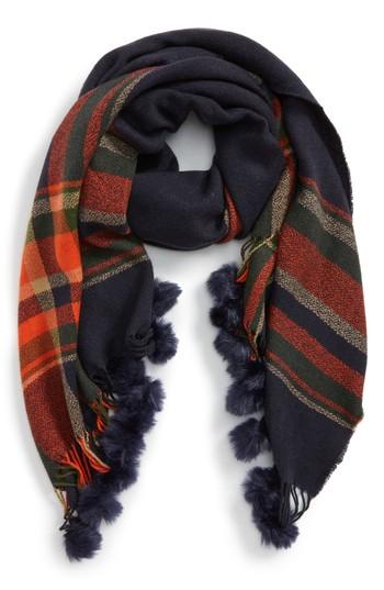 Women's Bp. Faux Fur Pompom Trim Plaid Scarf