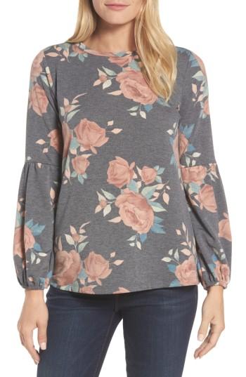 Women's Bobeau Floral Print Balloon Sleeve Sweatshirt - Black