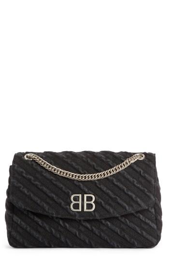 Balenciaga Medium Bb Round Destroyed Denim Shoulder Bag - Black