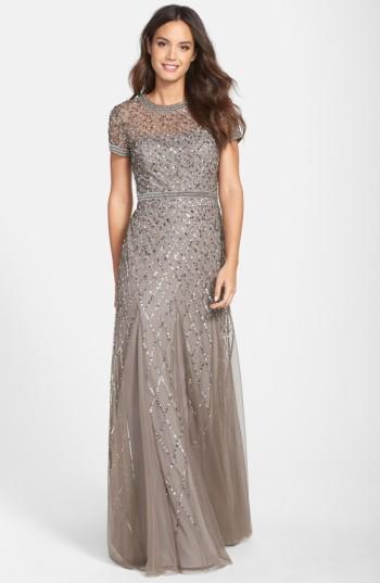 Petite Women's Adrianna Papell Beaded Mesh Gown P - Metallic