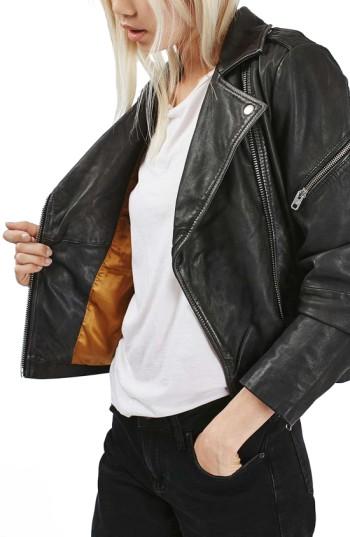 Women's Topshop Lightning Leather Biker Jacket Us (fits Like 0-2) - Black