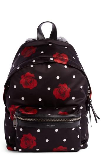 Saint Laurent City Mini Rose Print Satin Backpack - Black
