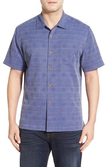 Men's Tommy Bahama 'geo-rific Jacquard' Original Fit Silk Camp Shirt - Blue