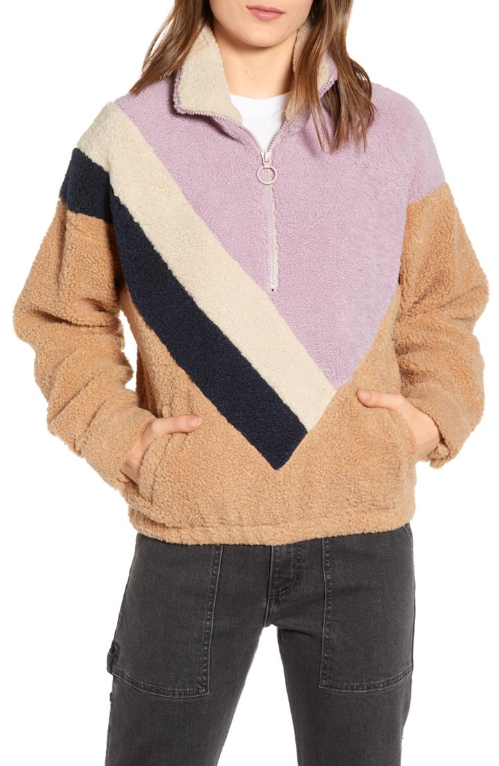 Women's J.o.a. Colorblock Faux Shearling Quarter Zip Jacket - Purple
