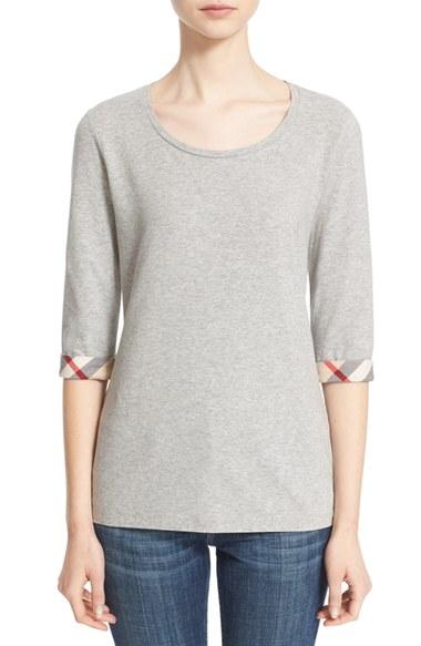 Women's Burberry Check Trim Tee - Grey