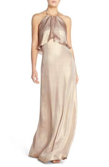 Women's Nouvelle Amsale 'lilith' Ruffle Bib Liquid Chiffon Halter Gown, Size - Pink