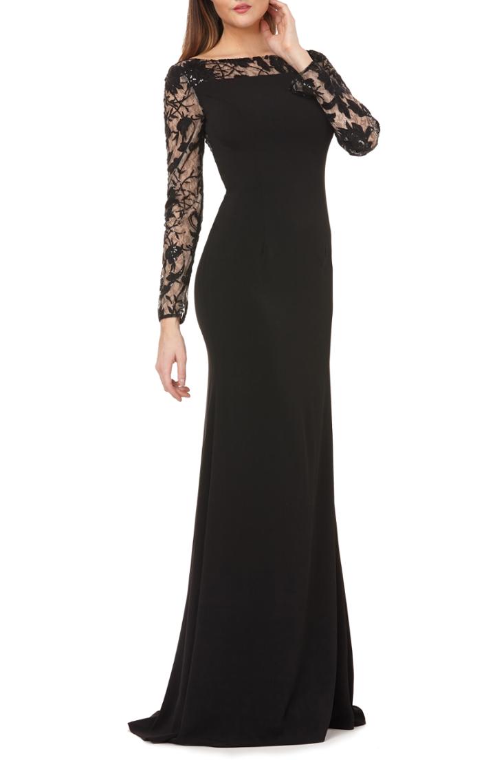 Women's Carmen Marc Valvo Infusion Lace & Crepe Gown - Black