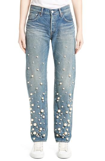 Women's Tu Es Mon Tresor Snow Imitation Pearl Embellished Jeans - Blue