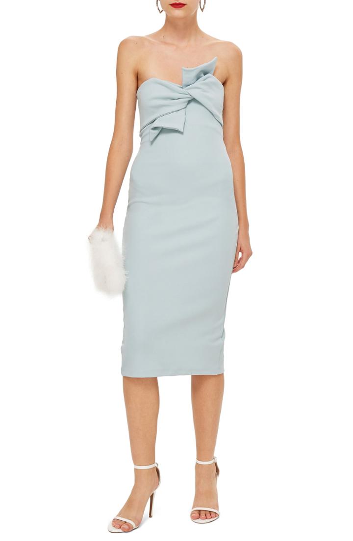 Women's Topshop Bow Twist Textured Midi Dress Us (fits Like 14) - Blue