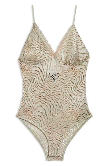 Women's Topshop Scallop Lace Plunge Bodysuit Us (fits Like 0) - Grey