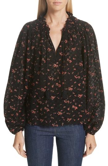 Women's Ulla Johnson Siarah Floral Print Broderie Anglaise Blouse - Black