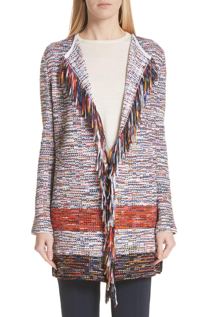 Women's St. John Collection Vertical Fringe Multi Tweed Knit Waterfall Cardigan - Orange