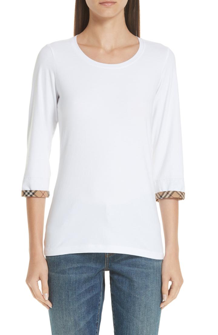 Women's Burberry Lohit Check Cuff Stretch Cotton Tee, Size - White