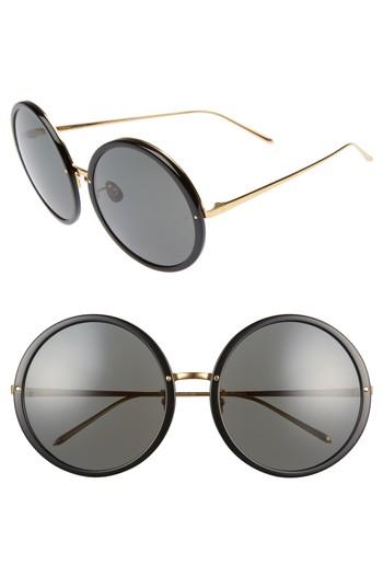 Women's Linda Farrow 61mm Round 18 Karat Gold Trim Sunglasses - Black/ Yellow Gold/ Grey