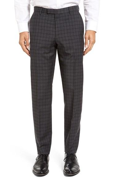 Men's Boss Leenon Flat Front Plaid Wool Trousers R - Grey