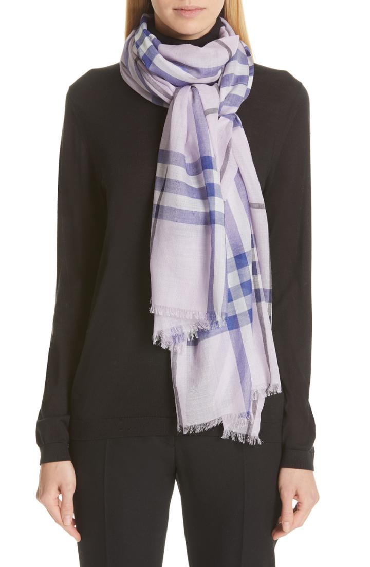 Women's Burberry Giant Check Gauze Wool & Silk Scarf, Size - Purple