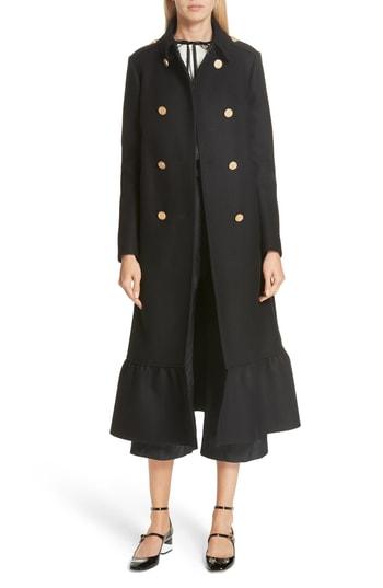 Women's Red Valentino Ruffle Hem Double Breasted Wool Blend Coat Us / 38 It - Black