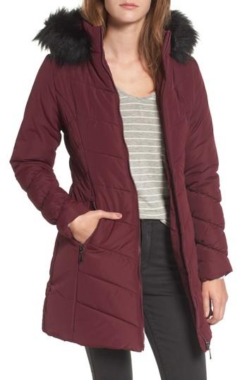 Women's Maralyn & Me Faux Fur Trim Hooded Puffer Jacket - Burgundy