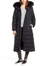 Women's Bernardo Faux Fur Trimmed Hooded Long Quilted Coat - Black