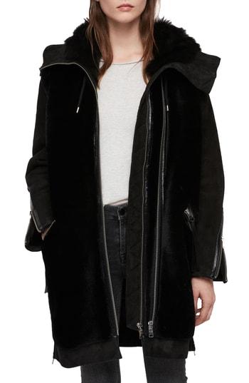 Women's Allsaints State Lux Suede Parka With Genuine Shearling Trim - Black
