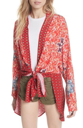 Women's Free People Forget Me Knot Tie Front Kimono - Red