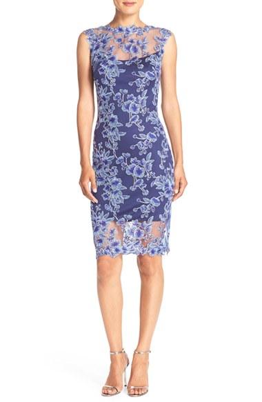 Women's Tadashi Shoji Embroidered Mesh Sheath Dress - Blue