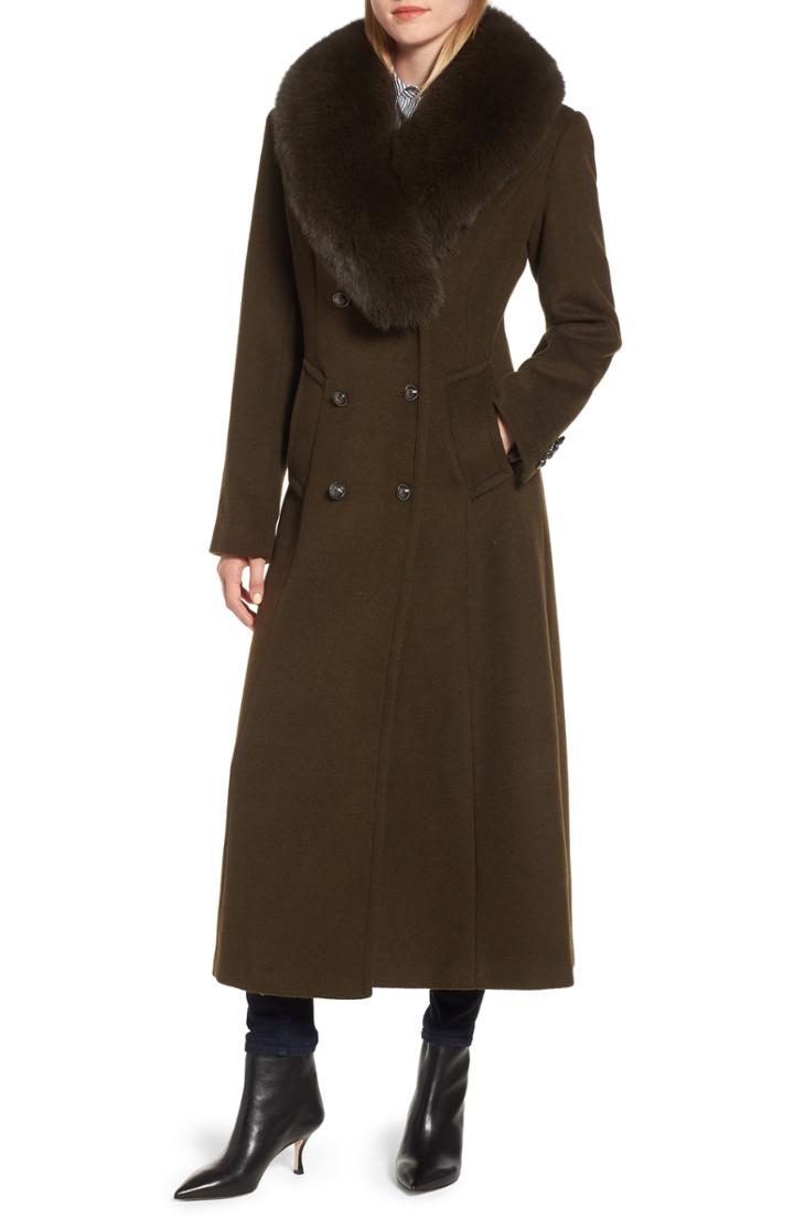 Women's 1 Madison Double Breasted Military Wool Coat With Genuine Fox Fur Shawl - Green