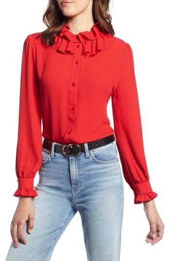 Women's Halogen Ruffle Neck Blouse, Size - Red