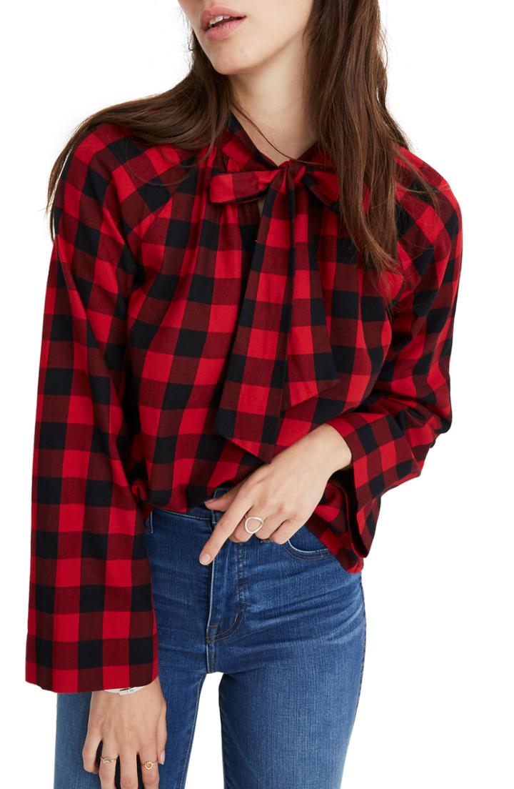 Women's Madewell Tie Neck Shirt, Size - Red