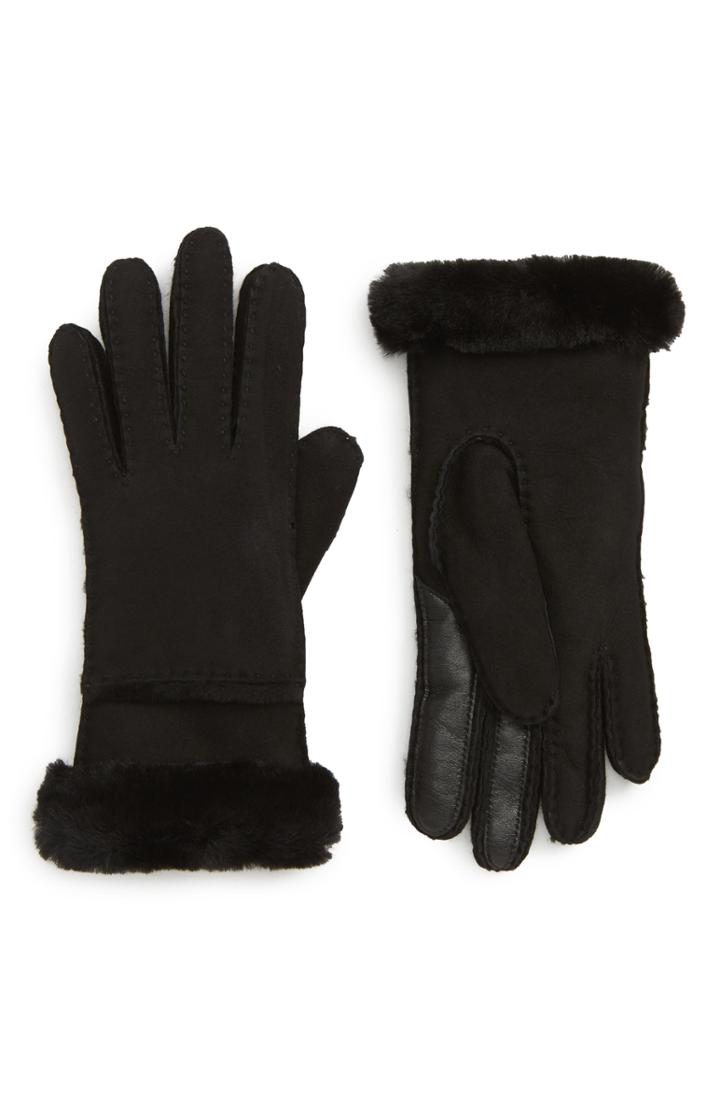 Women's Ugg Seamed Touchscreen Compatible Gloves With Genuine Shearling Trim - Brown
