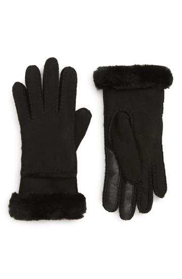 Women's Ugg Seamed Touchscreen Compatible Gloves With Genuine Shearling Trim - Brown