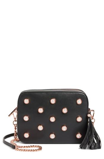 Ted Baker London Imitation Pearl Embellished Leather Crossbody - Black