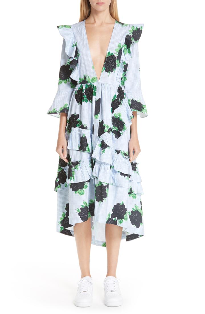 Women's Ganni Floral & Gingham Plunge Neck Dress