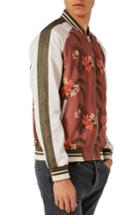 Men's Topman Tropical Print Satin Bomber Jacket - Brown