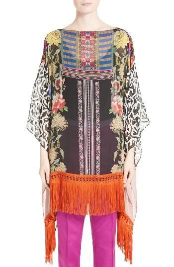 Women's Etro Fringe Trim Floral Print Silk Poncho, Size - Pink