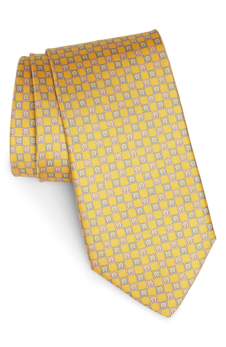 Men's Salvatore Ferragamo Genzian Print Silk Tie, Size - Yellow