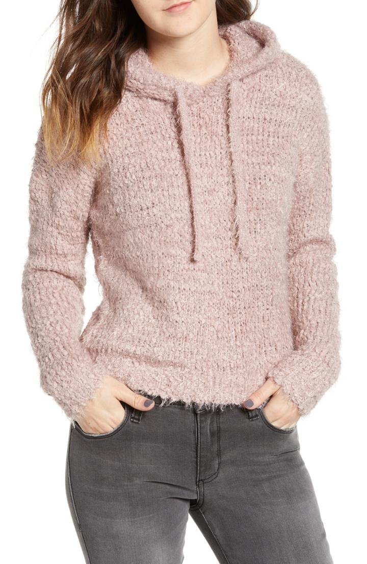 Women's Woven Heart Eyelash Chenille Hoodie - Pink