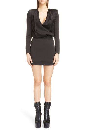 Women's Saint Laurent Plunge Neck Satin Minidress Us / 44 Fr - Black