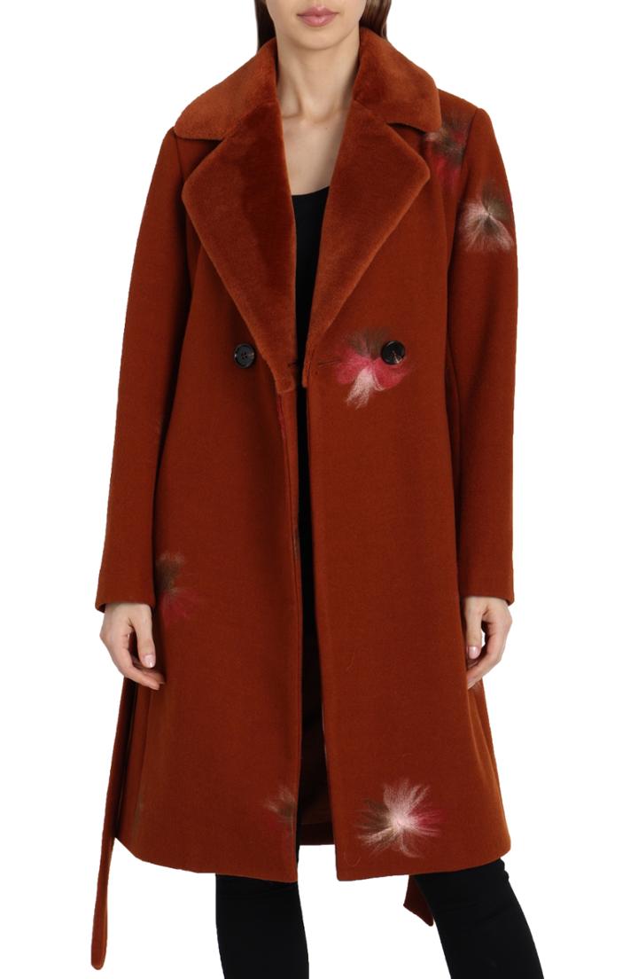 Women's Badgley Mischka Felted Embroidery Wool Blend Coat