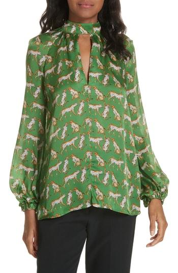 Women's Milly Emmie Cheetah Print Silk Blouse - Green