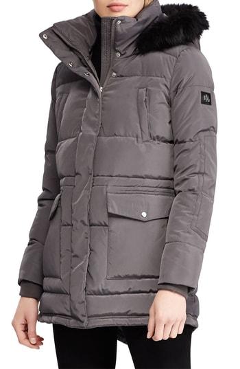 Women's Lauren Ralph Lauren Puffer Coat With Faux Fur Trim - Grey