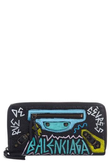 Balenciaga Classic Graffiti Zip Around Calfskin Leather Wallet - Black