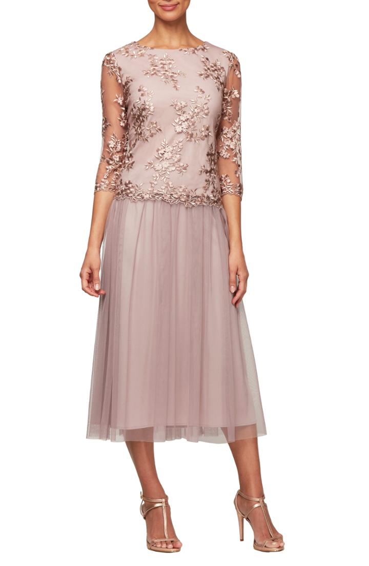 Women's Alex Evenings Embroidered Tea Length Cocktail Dress - Pink