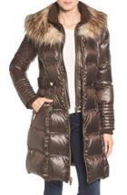 Women's Via Spiga Quilted Coat With Faux Fur Trim - Brown