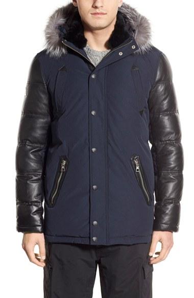 Men's M. Benisti Water Resistant Down Jacket With Genuine Silver Fox Fur & Rabbit Fur Trim - Blue