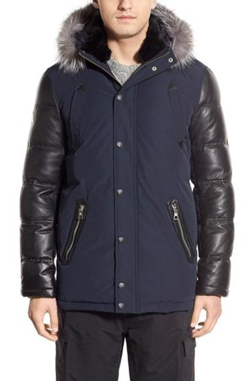 Men's M. Benisti Water Resistant Down Jacket With Genuine Silver Fox Fur & Rabbit Fur Trim - Blue
