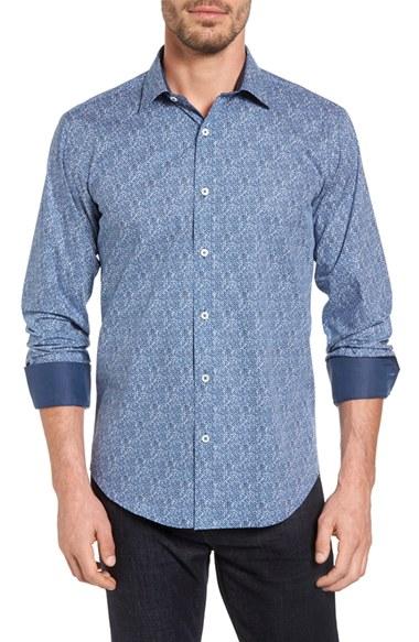Men's Bugatchi Shaped Fit Graphic Print Sport Shirt, Size - Grey